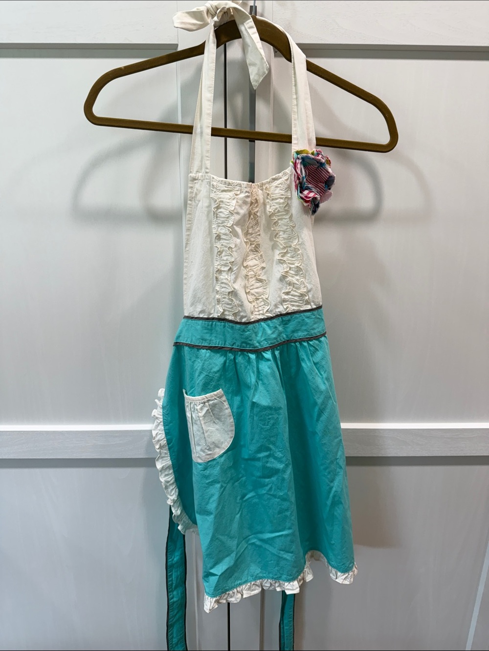 Anthropologie Turquoise and Cream Ruffled Halter Apron
